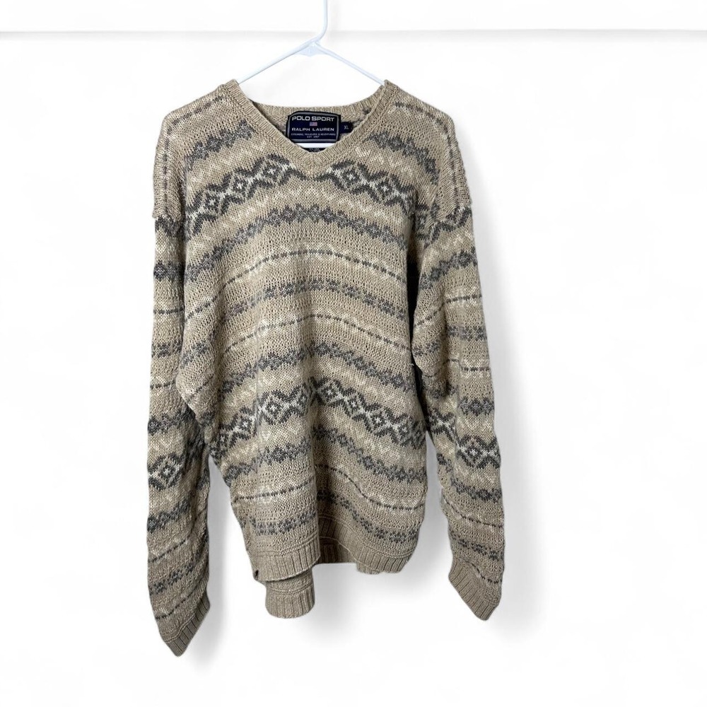 Polo Ralph Lauren Sport Sweater Mens XL V Neck Aztec Pattern Linen Cotton Blend